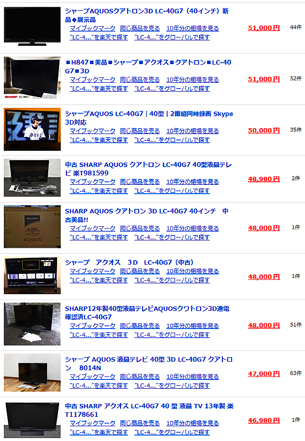 【SHARP】シャープ AQUOS クアトロン 3D LC-40G7 40インチテレビ 相場